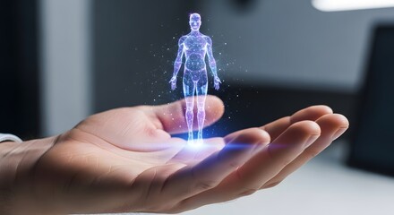 Hand holding a glowing digital human body hologram representing medical technology futuristic health data analysis and advanced biometric scanning concepts