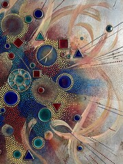 Vibrant jewel-toned geometric shapes contrast against a textured silver background with intricate pointillism dot patterns.