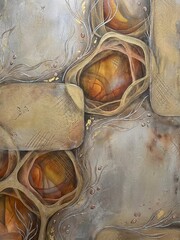 Ethereal organic forms merge with metallic textures and cross-hatched details in an earthy color palette.