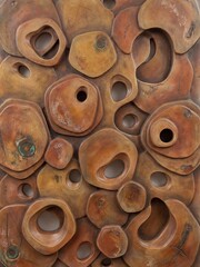 Verdigris oxidation spots punctuate a series of interlocking bronze-colored organic shapes with deep hollow voids.