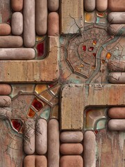 Urban environments appear as intricate cartographic etchings on a textured wall of terracotta blocks.