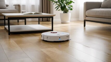 White robotic vacuum cleaner cleans wooden floor in living room, home appliance. Robot vacuum, cleaning, housework, appliance, floor, room.