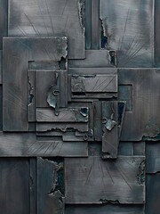 Fine radiating scratches cross the surface of weathered overlapping leaden rectangular metal plates.