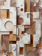 Stoic architectural relief shows carved circles and rectangles with warm ochre and terracotta earth tones