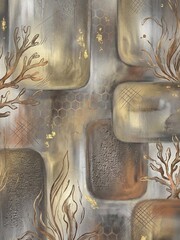 Textured coral silhouettes and gold leaf accents overlap rectangular blocks with honeycomb patterns.