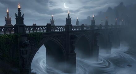 Ancient gothic stone bridge with illuminated torches and gargoyle statues crosses a misty swirling river under a pale crescent moon.