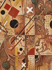 In a weathered industrial space, ancient script and classical scrolls overlap with bold geometric forms.