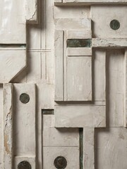Textured off-white plaster blocks create a brutalist composition with aged metal coins and grooves.