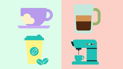 A collection of coffee and tea related icons, including a cup of coffee, a takeaway coffee cup, coffee beans, and a coffee machine