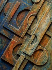 Within a textured architectural panel, overlapping carved geometric shapes display weathered layers of rust and blue.