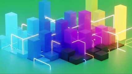 Abstract 3d bar charts with glowing neon lines on green background. - Powered by Adobe