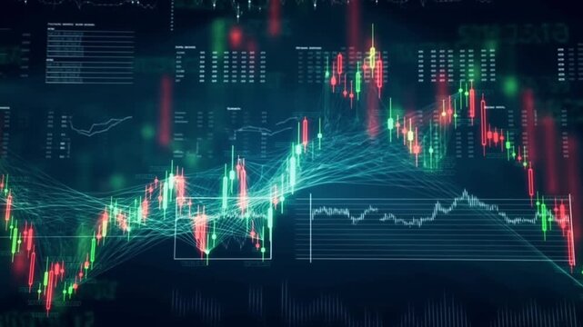 Futuristic stock market data visualization, glowing neural network red green numbers, digital nodes high-tech abstract finance interface, dynamic data streams, glitch effects, 4K cinematic motion