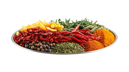 A plate of spices and herbs with a variety of colors and textures, isolated on a transparent background