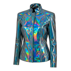 Holographic jacket with rainbow colors and futuristic design