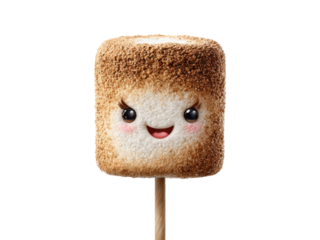 Toasted marshmallow character with smiling face on stick roasted sweet, Isolated, Png Transparent Background