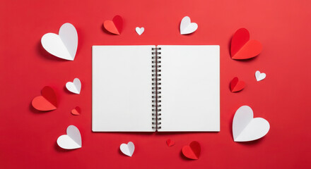 Blank notebook surrounded by colorful paper hearts on a vibrant red background, perfect for Valentine's Day creative projects and romantic messages