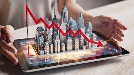 Hands holding tablet displaying holographic city skyline with a downward trending red arrow graph, symbolizing real estate market crash or decline, 4k - Powered by Adobe