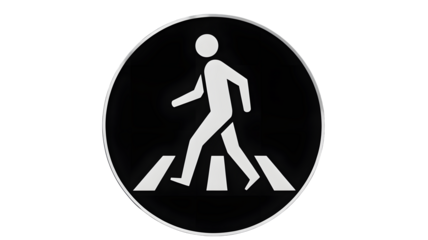 A white pedestrian crossing sign on a black background