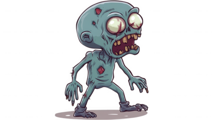 A vibrant cartoon illustration depicts a teal-skinned zombie with large bulging eyes, exposed teeth, and tattered clothing, walking on a dark background.