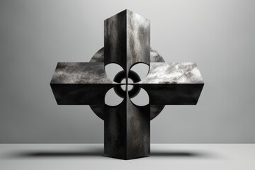 Abstract metallic cross sculpture standing on a light gray background