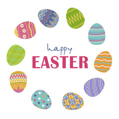 Vector illustration of colorful Easter eggs arranged in a circle around the words Happy Easter with various patterns. Ideal for holiday greeting cards and festive designs.