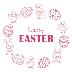 Easter-themed vector illustration featuring cute bunny and chick surrounded by decorated eggs. Perfect for holiday designs, greetings, and festive projects to celebrate Easter joy.