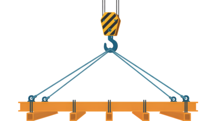 A yellow and black crane hook lifting an orange beam against a black background