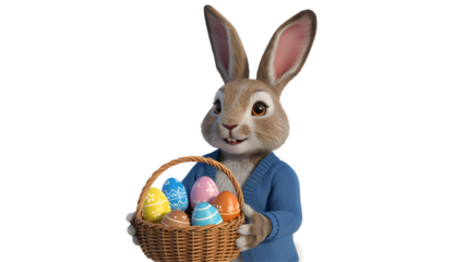 A cartoon Easter bunny holding a basket of colorful eggs on a black background
