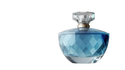 This stunning perfume bottle, filled with vibrant blue liquid, features a beautifully faceted glass design that brilliantly catches the light.