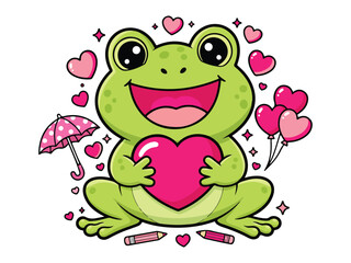 Obraz premium Happy cartoon frog holding a heart with floating love icons. Cute Valentine illustration perfect for kids designs, stickers, cards, and prints.