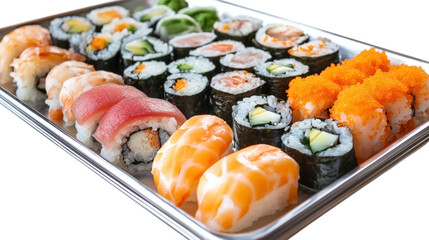 A tray of assorted sushi rolls, including some with avocado, isolated on a transparent background