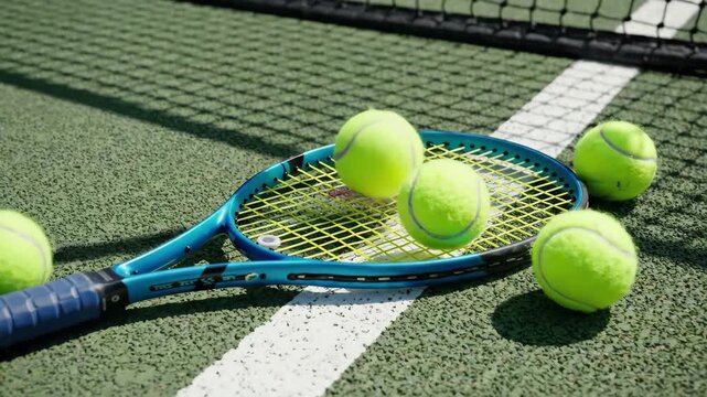 Tennis racket and five balls on green court near net, 4k