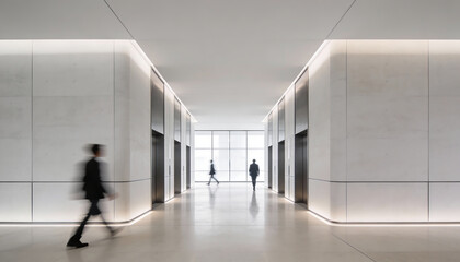 a long hallway with several elevator doors and blurred figures walking towards the end of the corridor high quality professional detailed