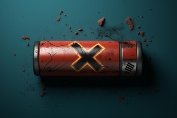Weathered sci fi battery with a bold red x mark representing an energy depletion on a solid background