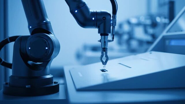 Robotic arm in factory, industry automation, futuristic technology. Production, manufacturing, automated process and engineering.