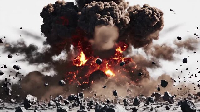 Massive explosion with debris and fire erupting from a rocky surface, 4k