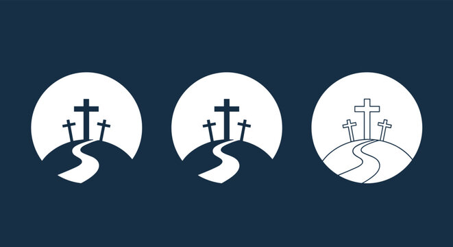 Set of three religious icons showing silhouettes of crosses on hill under sun or moon represents faith and spiritual hope concepts.