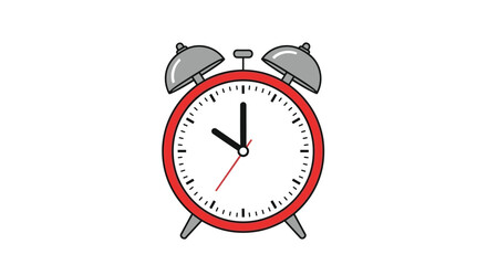 Traditional red alarm clock with silver bells showing ten minutes past ten oclock in a clear and modern flat graphic illustration.