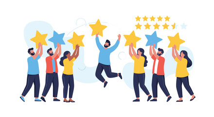 Fototapeta premium Group of happy people jumping and cheering while holding up large yellow and blue stars represents positive customer reviews and high satisfaction.
