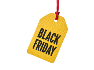 Yellow price tag with black Friday text and red string image, Isolated, Png Transparent Background