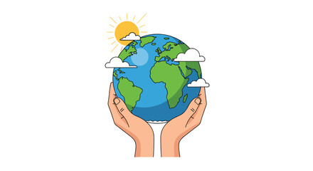 Two hands cradling planet earth with sun and clouds in background symbolizes global environmental protection and conservation care.
