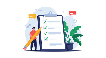 Person standing next to a giant clipboard holding a large pencil and checking off items on a list for organization and task planning.