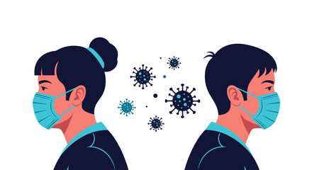 Back to back portraits of man and woman wearing face masks with virus particles in air symbolizes social distancing during pandemic.