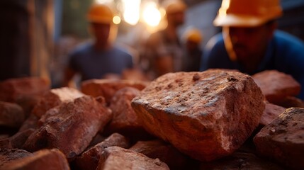 Pile of weathered bricks in the foreground with construction workers blurred in warm sunlight
