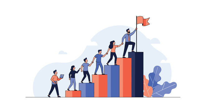 Corporate team working together to climb up a bar graph steps to reach the top with a flag symbolizing leadership and mutual achievement.