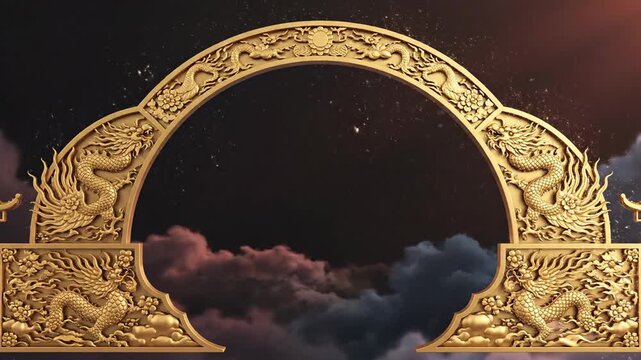 Golden Arch with Dragons and Clouds - Mystical Fantasy Background.