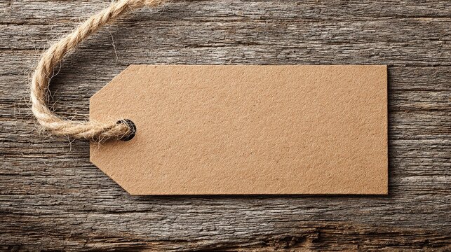 A blank brown tag with a twine string rests on a textured wooden surface.