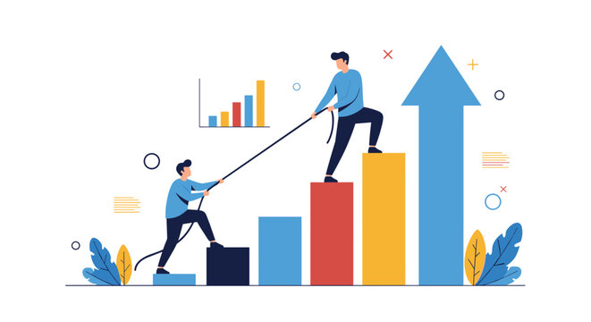 Business teamwork concept where one person pulls another up a bar graph towards a large success arrow using a rope for motivation.