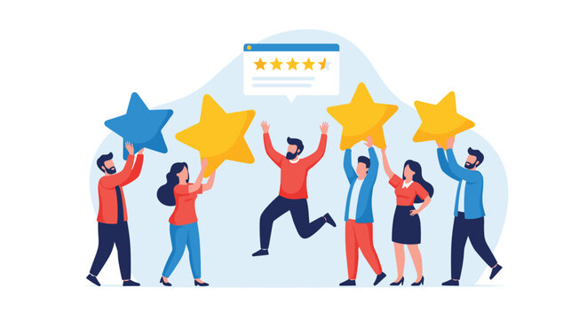 Team of diverse people celebrating by holding up large stars beneath five star rating display symbolizes excellent service feedback.