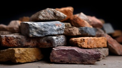 Colorful brick fragments with attached mortar showing rough textures illuminated by dawn light against a dark background